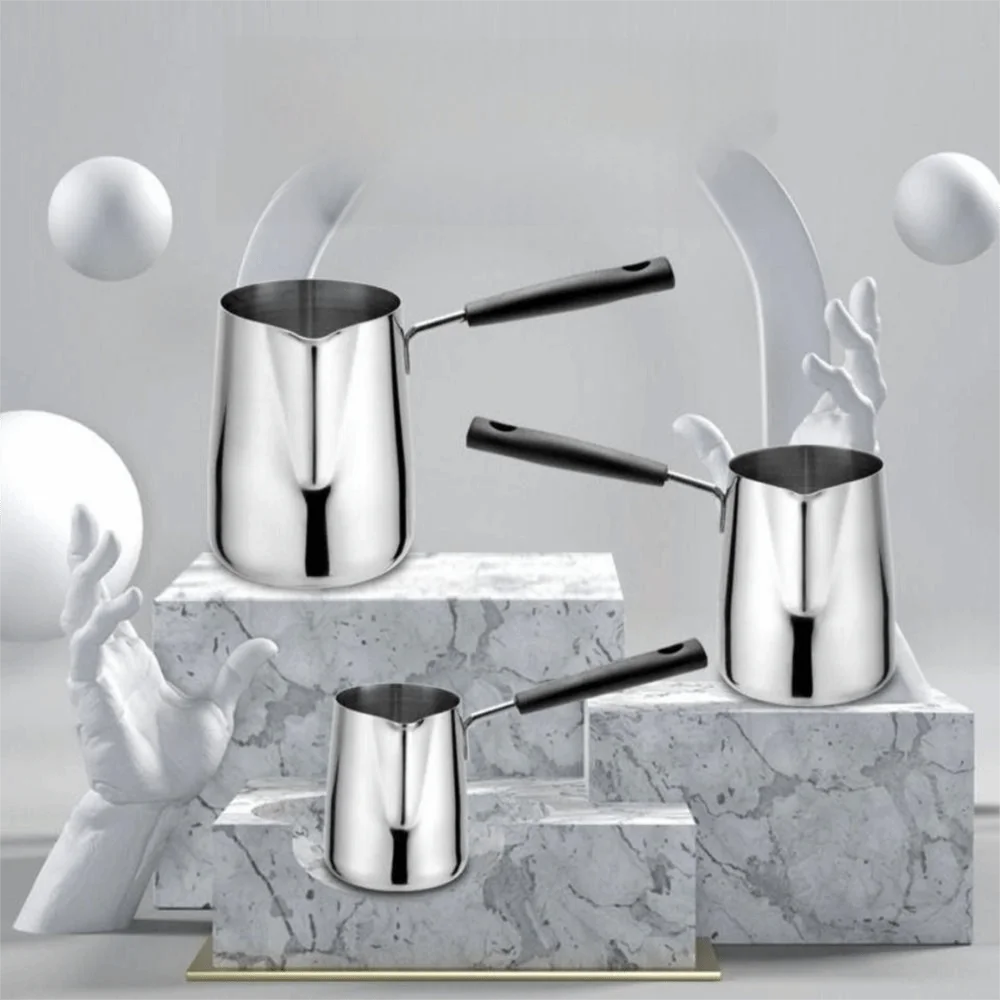 304 Stainless Steel Milk Hotting Pot with Graduated Scale Long Handle Coffee Jug Silver Heat-proof Latte Mug