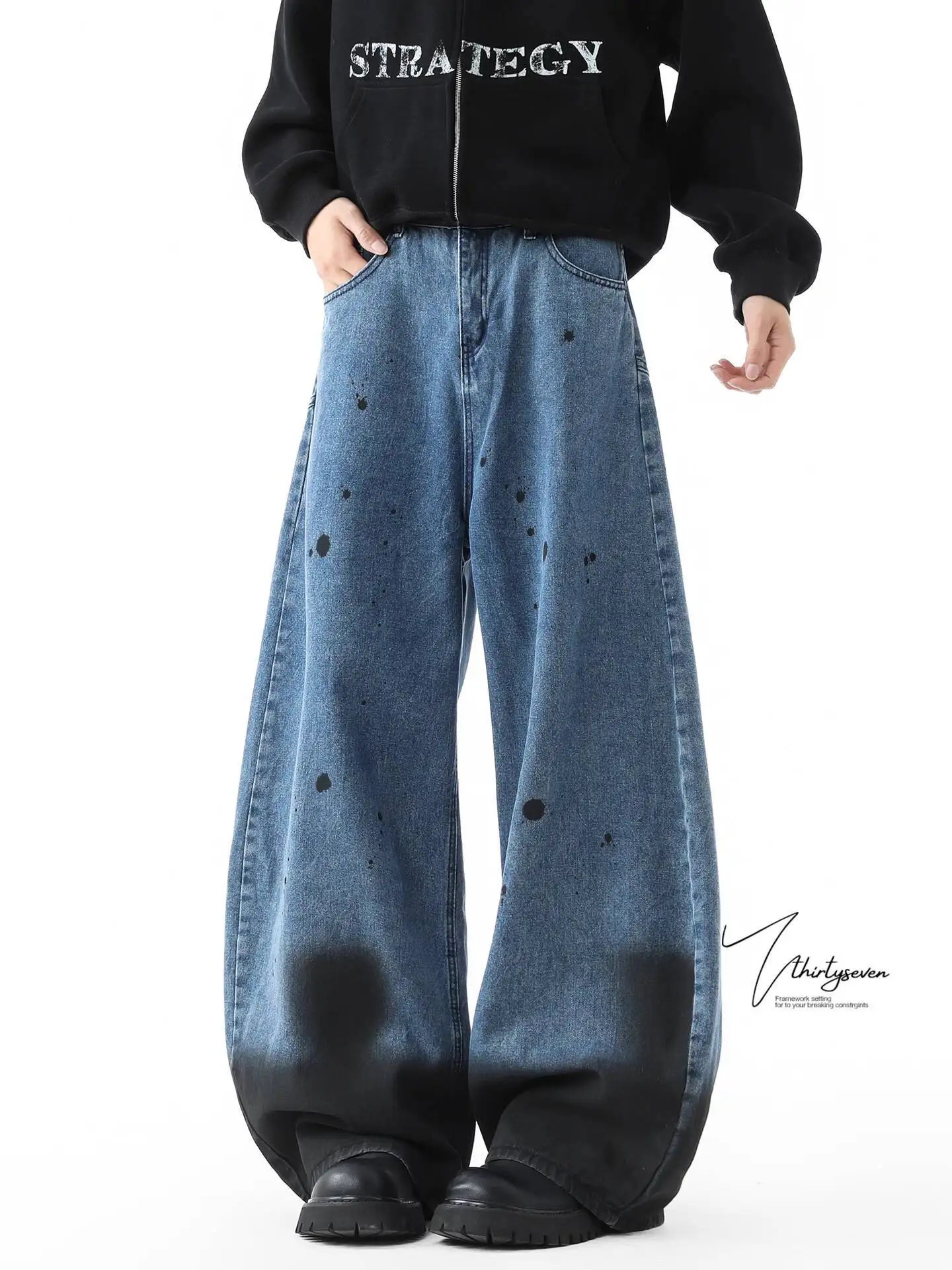 Unisex Jeans 2026 Spring Winter Street Style High Waisted Denim Pants Men's Washed Splatter Print Wide Leg Slimming Pants Women