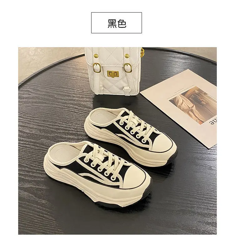 Women\'s Shoes Fashion Baotou Half Slippers 2022 Summer Wear New Style Muffin Casual Canvas Slippers