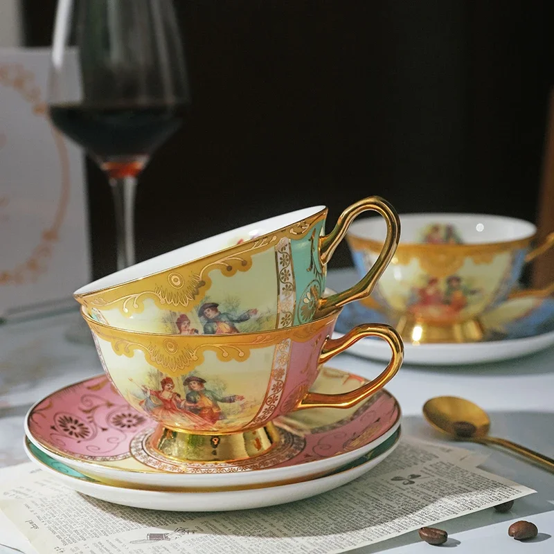 Palace Ball European Entry Lux Gold Plated Bone China Coffee Cup and Saucer Set Retro Style Cup and Saucer Coffee Cup Set