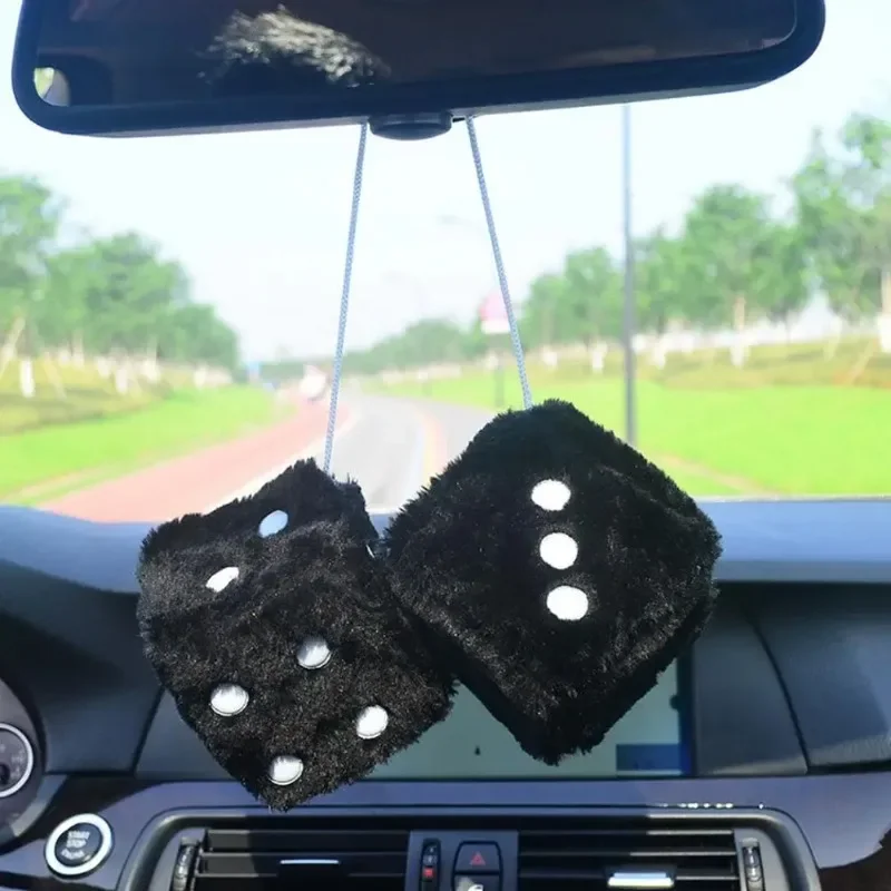Fuzzy Plush Dice with Dots Retro Square Plush Hanging Mirror Fuzzy Dices for Pink Car Interior Ornament Decoration