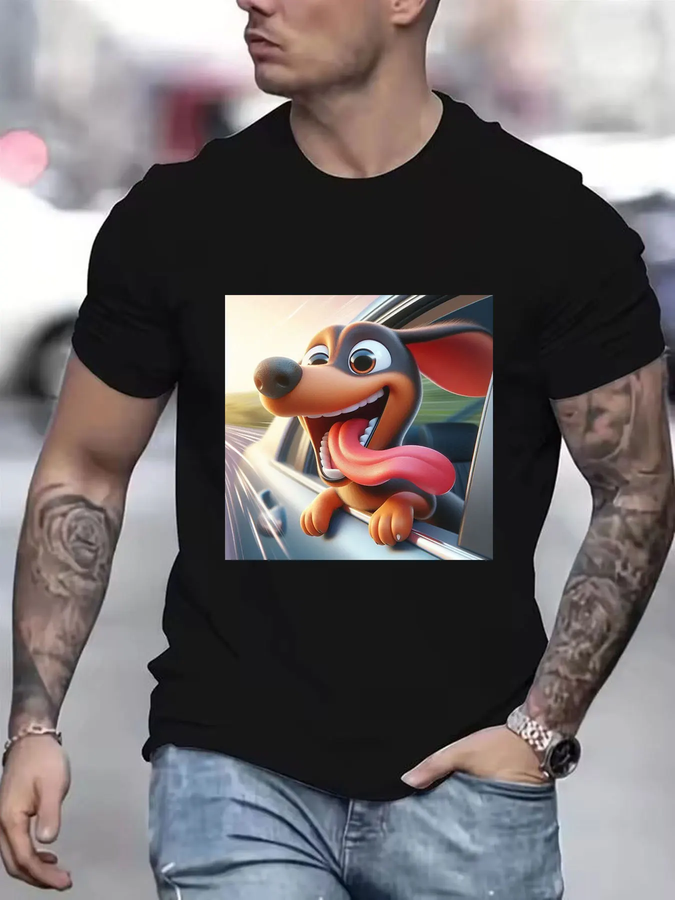 Men's Pure Cotton T-Shirt, Funny Dachshund Sticking Tongue Out of Car Window Print, Casual Breathable Short Sleeve Tee, Comfy