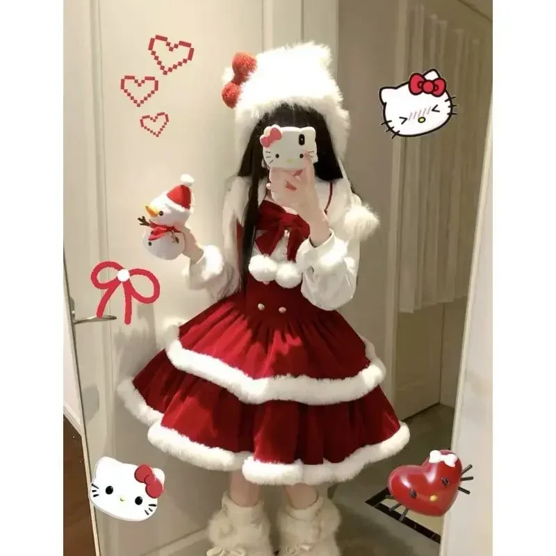 عيد الميلاد Kawaii لوليتا السنة الجديدة حفلة القوس هامش المرقعة بلوزة أحمر الظهر حزام فقاعة فستان المرأة مرحلة الأداء زي
