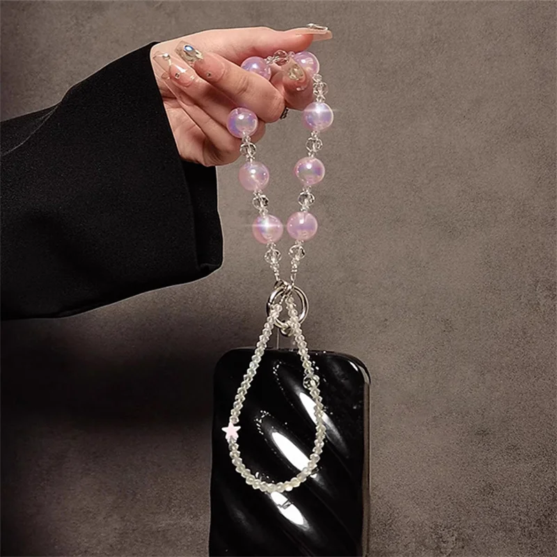 Y2k Korea Luminous Bead Star Clear Hand Chain Wrist Short Lanyard With Clip Mobile Phone Case Cute Keychain Pendant Accessories