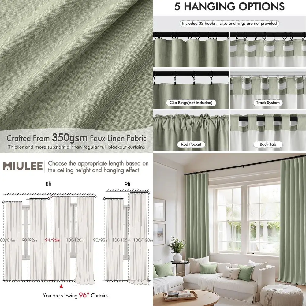 

96 Sage Green Thick Blackout Curtains, 2 Panels, Room Darkening, Back Tab Pleat, Floor to Ceiling for Bedroom & Living Room