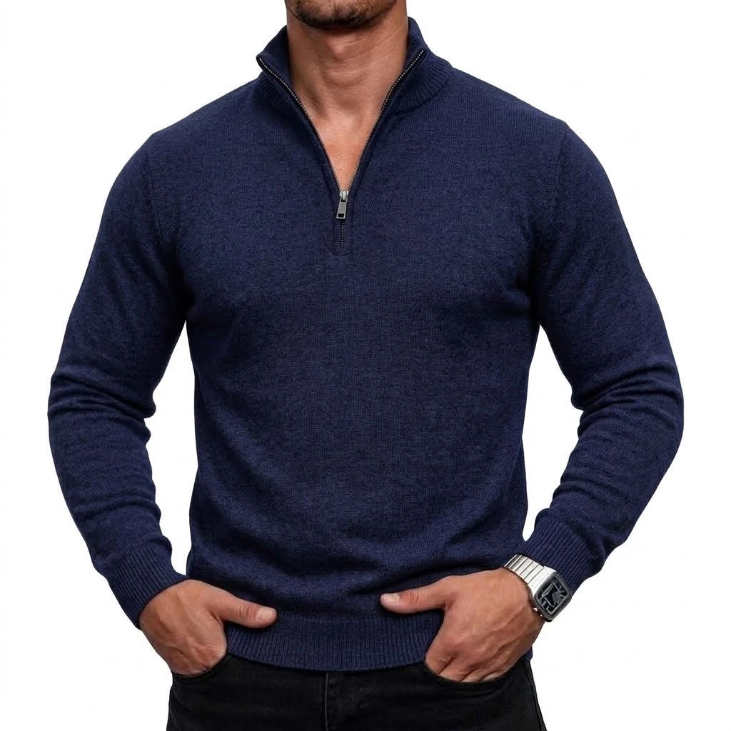 Neuer Herren-Pullover mit Reißverschluss, Slim Fit, Stehkragen, Lässiger Langarm-Strickpullover, Warmes Oberteil für den Winter, Strickbekleidung – Detail 7