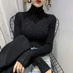 Maglione lavorato a maglia a collo alto con trapano caldo di lusso 2023 nuove donne autunno inverno maglione Bling camicetta morbida femminile maglioni camicia inferiore