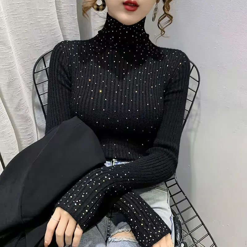 Luxury Hot Drill Turtleneck Knitted Sweater 2023 New Women Autumn Winter Bling Sweater Female Soft Blouse Jumpers Bottom Shirt