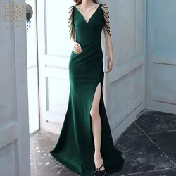 Evening Dress For Women Classic Beading V Neck Mermaid Ball Gown Satin Cocktail Party Vintage Elegant Long Maxi Side Slip Robe