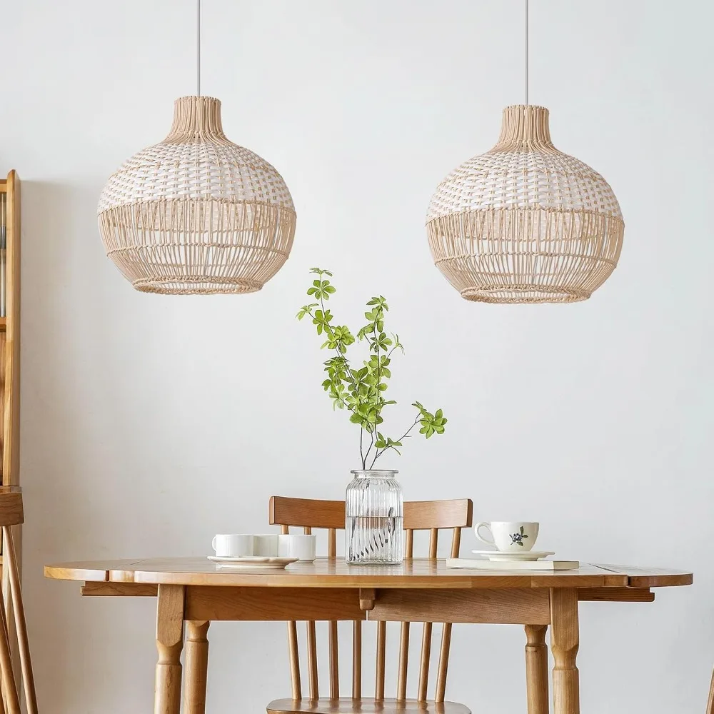 등나무 샹들리에 다이닝 룸 거실 펜던트 조명 Handwovenn 대나무 천장 매달려 전등 샹들리에 35CM