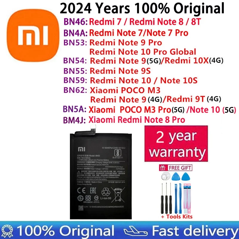 オリジナルbn46 bn4a bn5a bn53 bn54 bn55 bn59 bn62バッテリー用xiaomi redmi 7 9t 10x poco m3 note 7 8 8t 9s 10sプロバッテリー