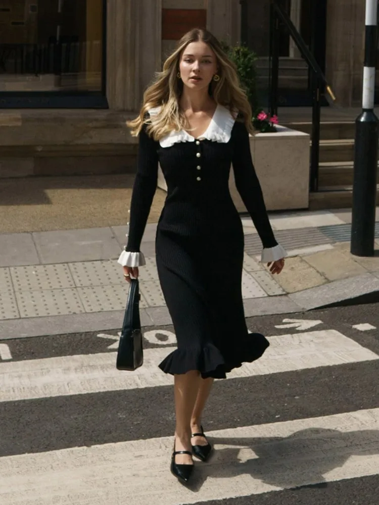 Nieuwe herfst winter vintage Franse gegolfde lange mouwen dames gebreide jurk, elegante bodycon dame trui jurk vestidos