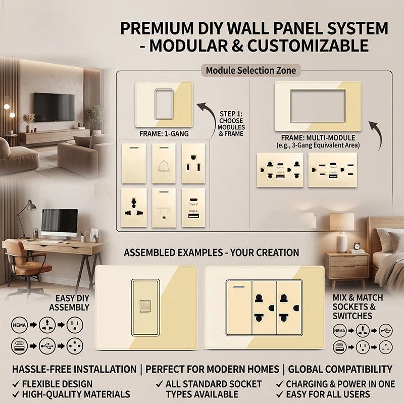 

Modular DIY Wall Plate 2x4 inch Featuring Tempered Glass, NEMA 5-15R Duplex Outlet & US/EU/Italy/Chile Socket Modules