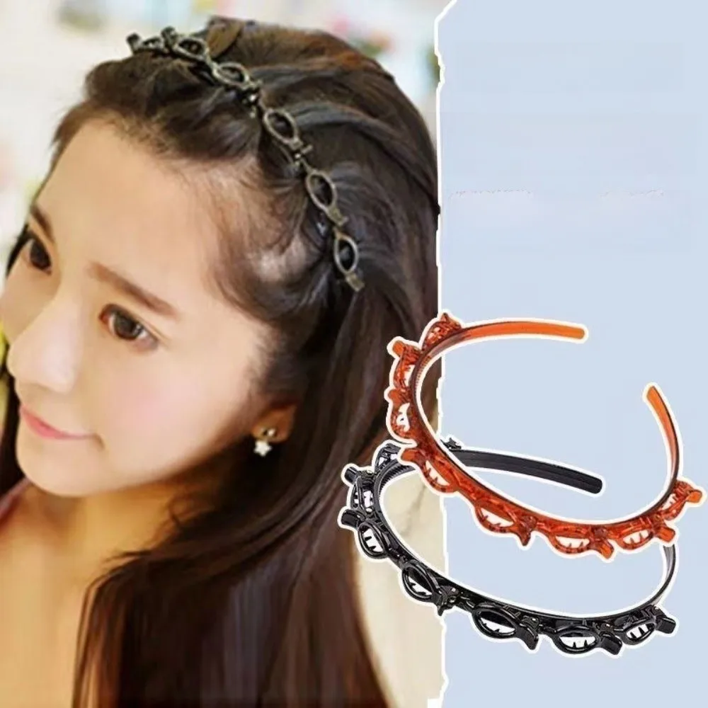 Adjustable Headband with Clips Double Bangs Hoop Design Multi Layer Toothed Braid Tool with 8 Clips Alice Hairband