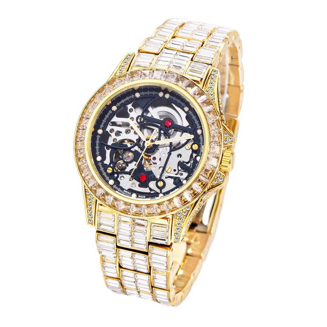 Orologi automatici ghiacciati per uomo orologio da polso di lusso completamente con diamanti orologio meccanico con lancette luminose Tourbillon