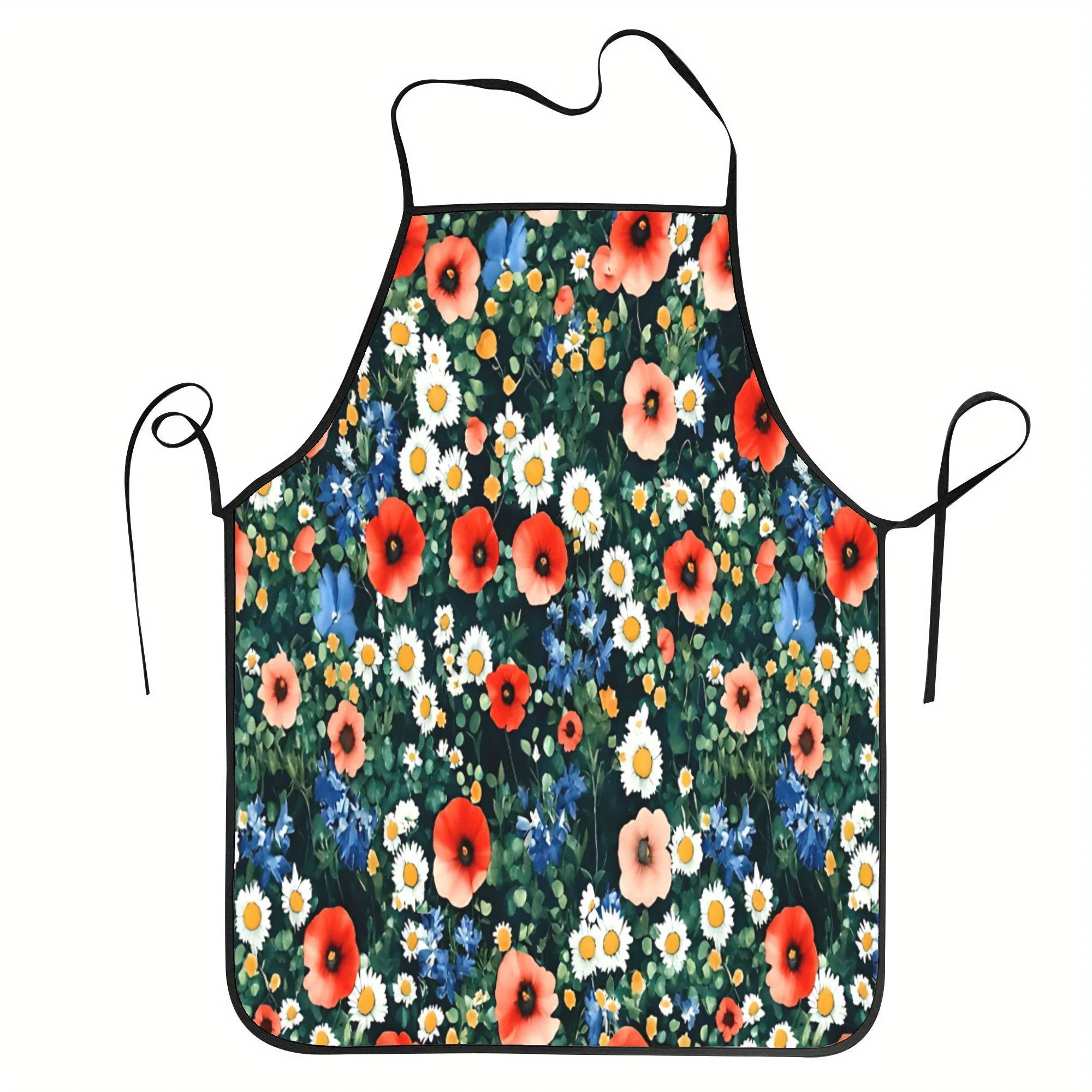 Unisex Adult Bib Apron - Red Poppies Dark Green, Durable Polyester Kitchen Apron for Cooking, Baking, Gardening