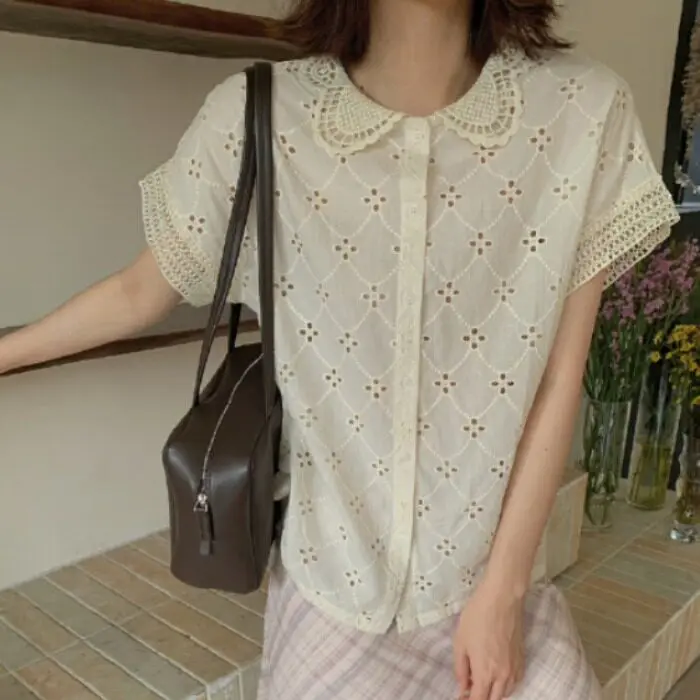 

Women's Short Sleeve Shirt Embroidered Lace Hollow out Collar Splice Ethnic Style Cotton Polyester Blend Summer Casual Top