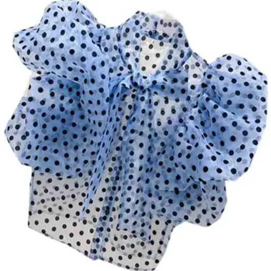 French Temperament Vintage Polka Dot Bow Lacing Up Chiffon Blouse Women Elegant Short Puff Sleeve Slim Shirt Tops s614