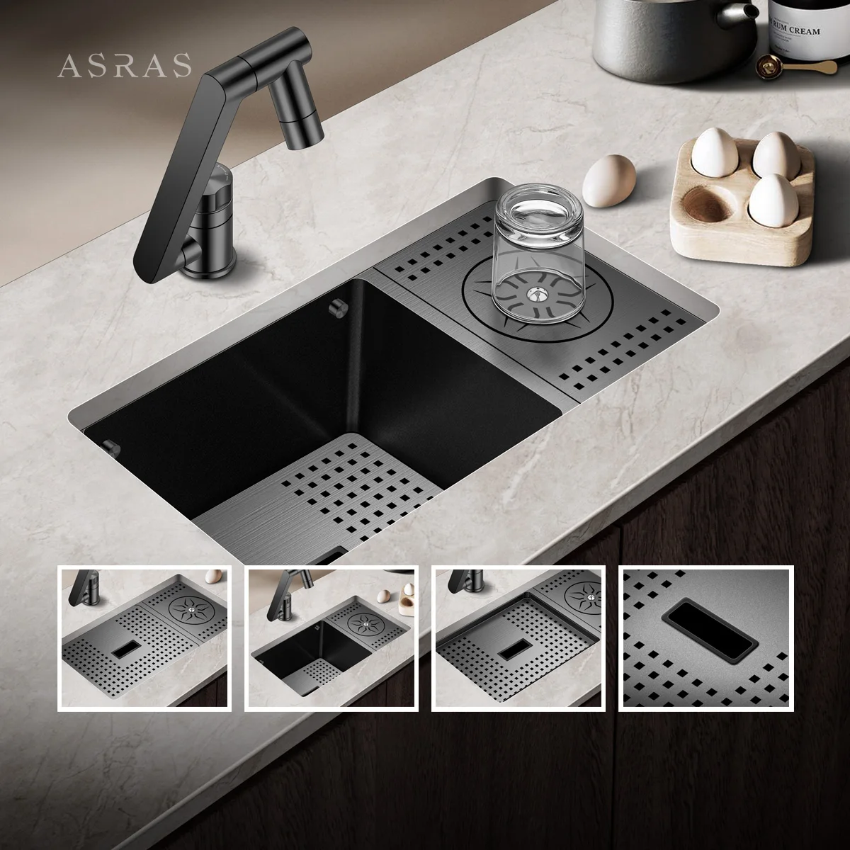 ASRAS Kitchen Bar Sink Nano Kitchen 304 Stainless Steel Small Single Sink with Built in Cup Cleaning Device