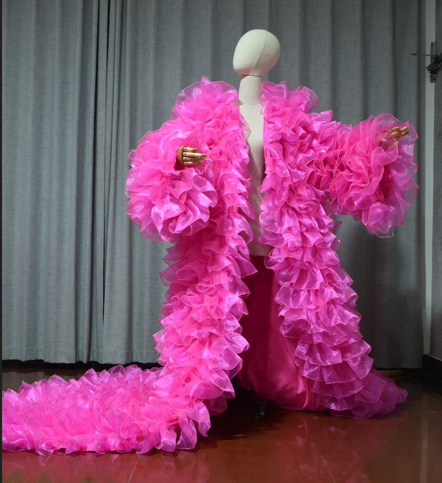 무대 공연, 코트, 드래그 퀸 의상 오간자 소재의 푸른 긴팔 재킷과 푹신한 레이어드 망토, 맞춤 색상 가능