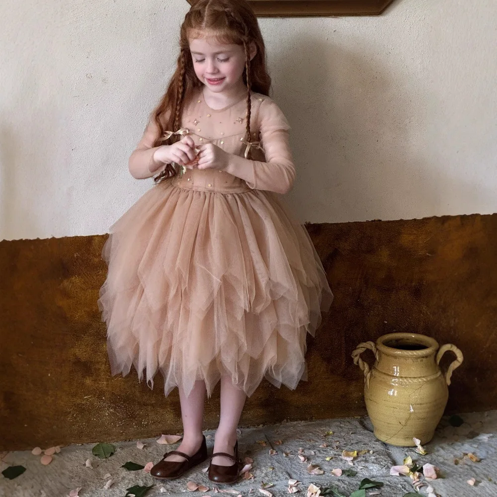 

Girls Skirt 2025 Autumn and Winter New Childrens Clothing Girls Baby French Manual Nail Bead Net Gauze Skirt Casual Simple