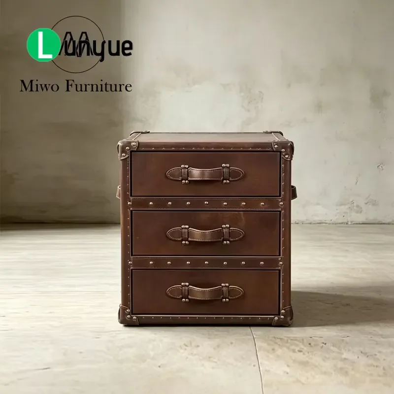 2 Piece Industrial Vintage Bedside Table Set Antique Brown Leather 3 Drawer Wooden Corner Locker for Bedroom Nightstand