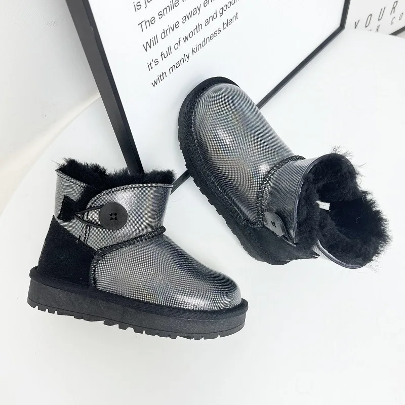 Winter Kids Snow Boots Sparkling Genuine Leather Warm Wool Girl's Ankle Boots Cow Leather Non-slip Boys Children's Casual Shoes