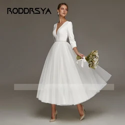 RODDRSYA eleganti abiti da sposa per la sposa semplici abiti da sposa alla caviglia a-line con scollo a v 3/4 maniche semplici abiti corti Mariee