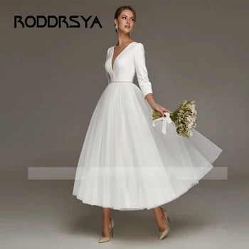 RODDRSYA Elegant Wedding Dresses For Bride Simple Ankle Length Bridal Gowns A-Line V-Neck 3/4 Sleeves Simple Short Robes Mariee