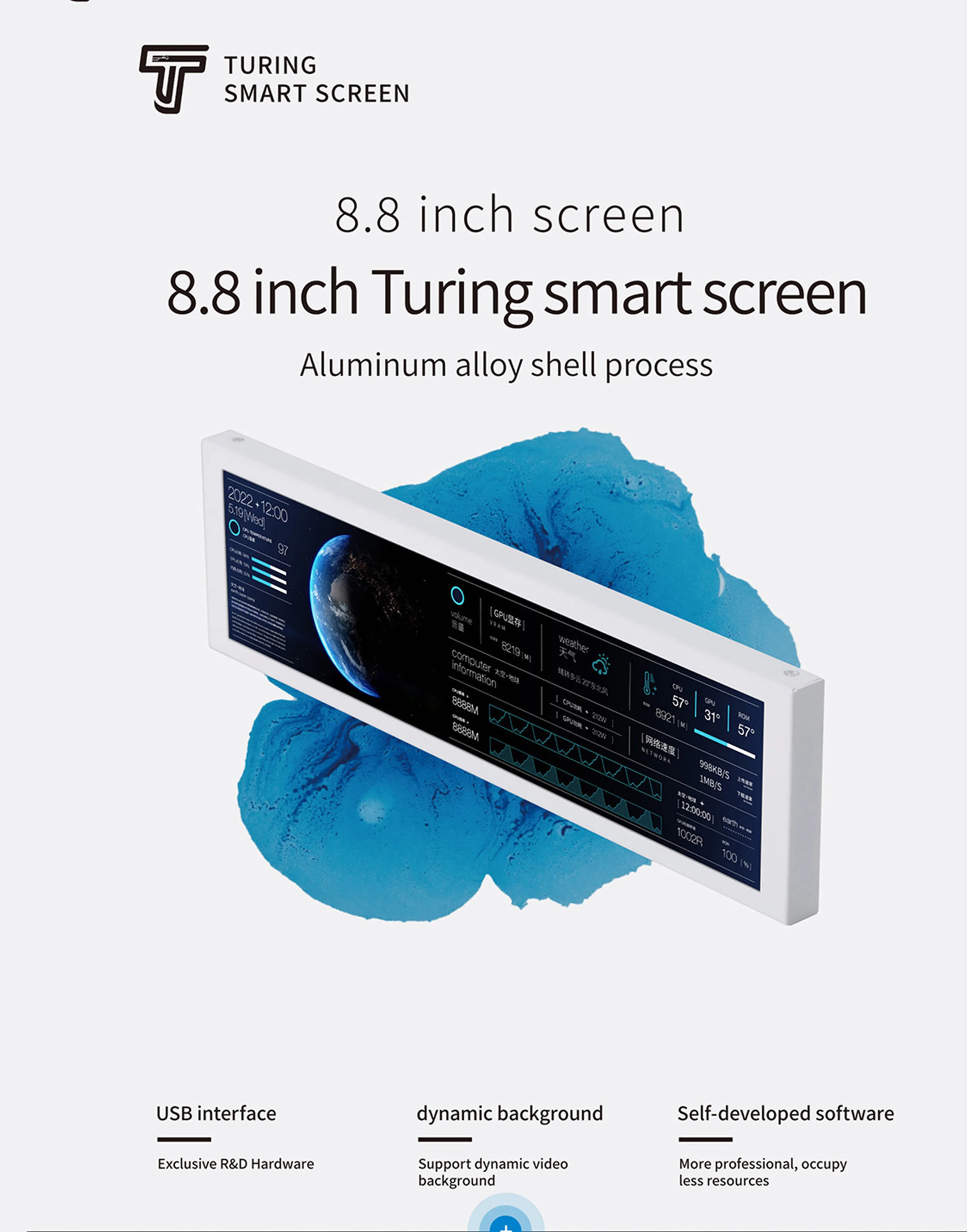 2023 NEW Turing 8.8 inch IPS TYPEC Secondary Screen Case CPU GPU RAM Computer Monitoring USB Display Chassis Smart AIDA Free