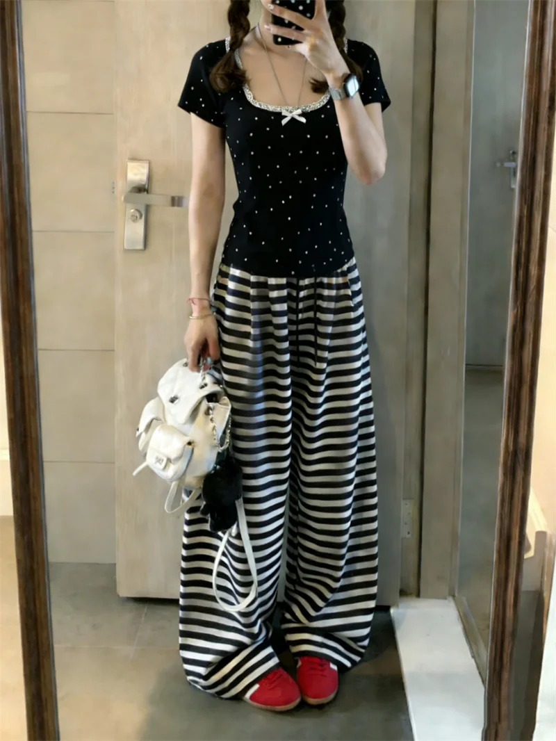 

Casual Polka Dot Knot Short Sleeve T-Shirt Women Summer Striped Loose Wide Leg Pants Two Piece Set High Waist Long ...