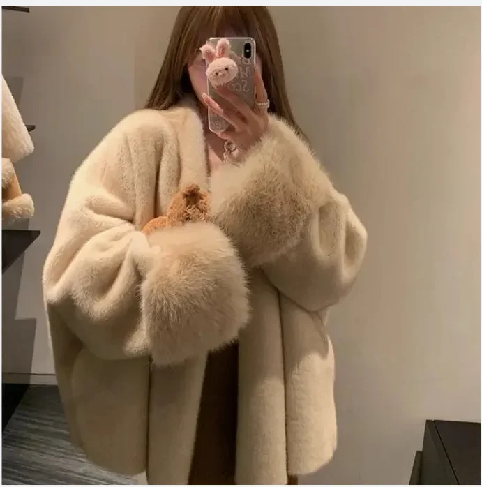 Elegant Lace Up Woolen Short Coat Solid Loose Lapel Furry Belt Long Sleeve Female Jacket 2025 Autumn Winter Lady Chic Cardigan