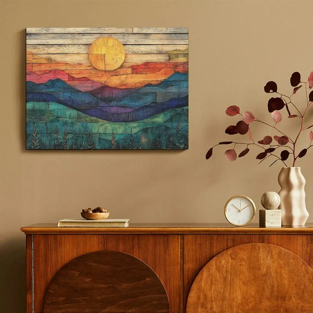 

1PC Wooden Framed Canvas Art Painting with Layered Woodgrain Pattern Sun and Levitation Hallway and Living Room Decoration