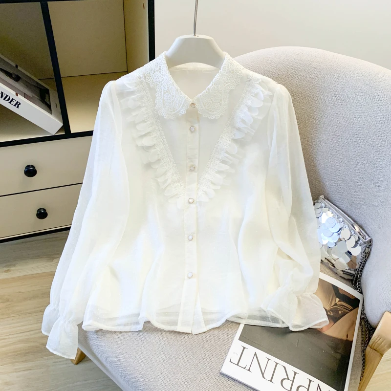 

Spring 2026 Women's Sweet Faionable Ruffle Collar Long Sve Chiffon irt Design Sense V-ne Lantern Sve Blouse