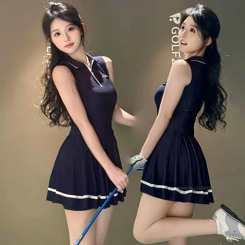 Niefle Women Mini Pleated Tennis Golf Dress Summer Zipper Collar Polo Golf Dress Outfits Built-in Short Slim A-lined Skirts