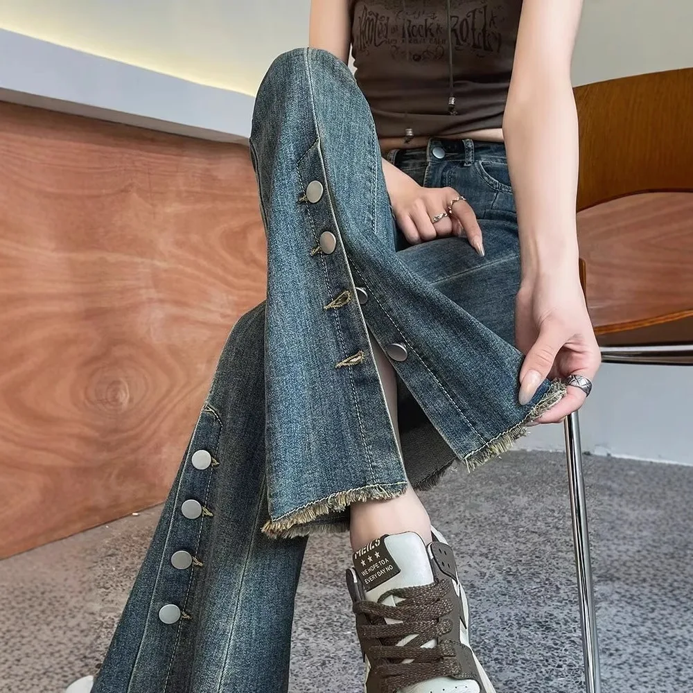

High Waist Elastic Slit Button Design Women's Bell Bottom Jeans Spring Trendy plus Size Loose Fit Denim Pants Bootcut Trousers