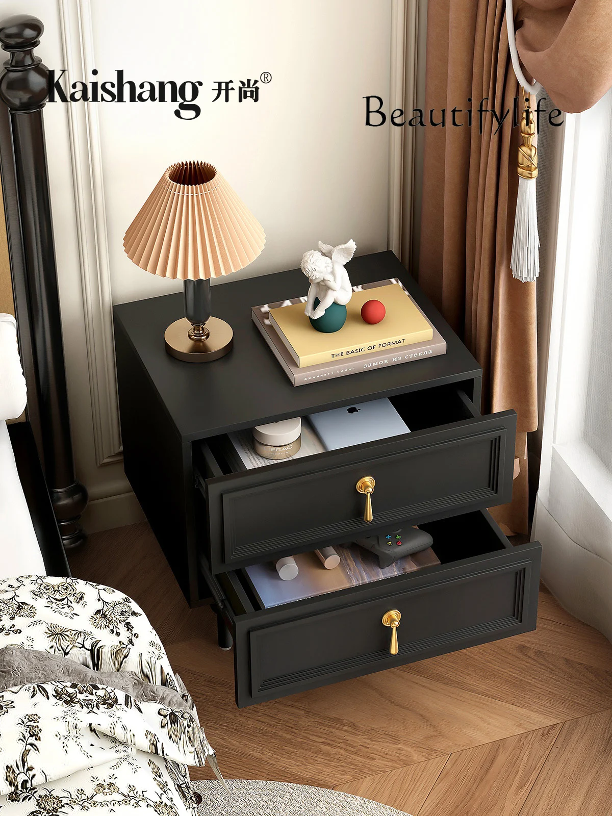 American retro black bedside table modern simple bedroom French bedside table light luxury medieval high-end storage cabinet image 4