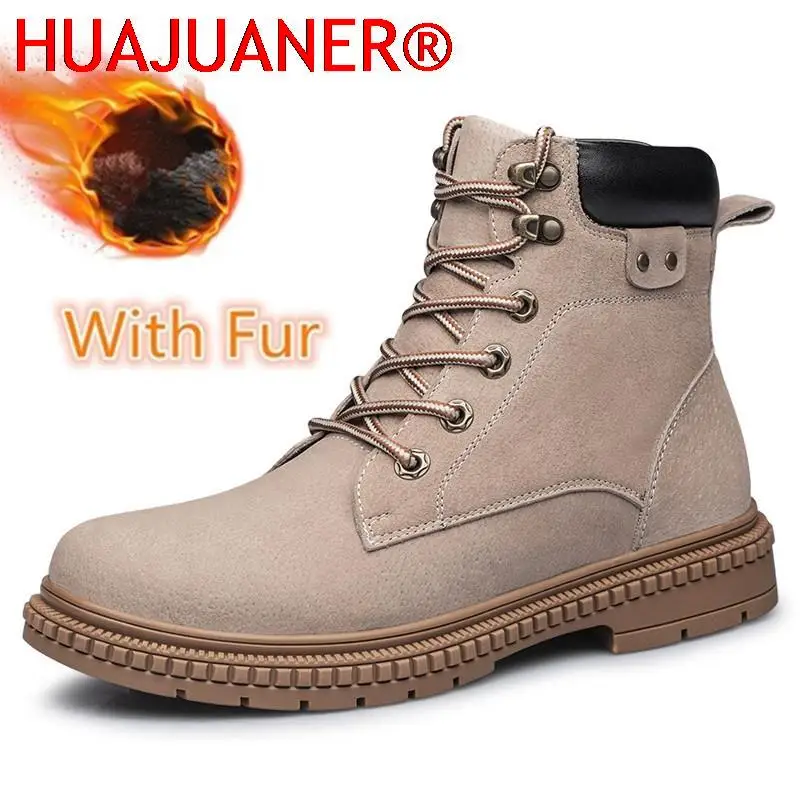 

Brand Outdoor Men Boots Handmade Winter Plush Snow Shoes Suede Genuine Leather Ankle Motorcycle Boots Upscale Men Shoes