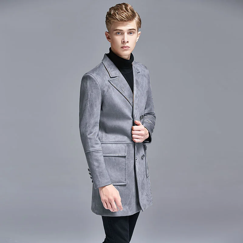 Autumn Winter Men's Deerskin Velvet Long Overcoat Simple Suit Double Breasted English Style Trench Coat Men Windbreaker Jacket