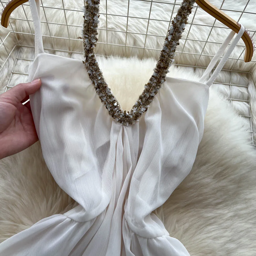 Chique vintage sem mangas em camadas sólido fino elegante fada coreano moda boho vestido de verão roupas femininas