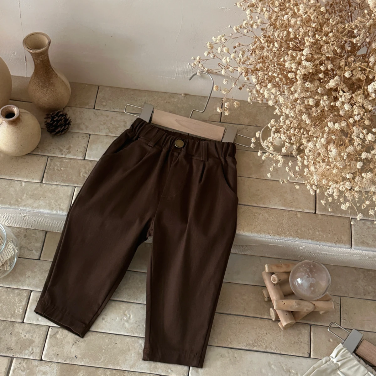 Korean Unisex Baby Elastic‑Waist Button Casual Pants, Infant 2‑Colors Optional Loose Straight‑Leg Daily Trousers
