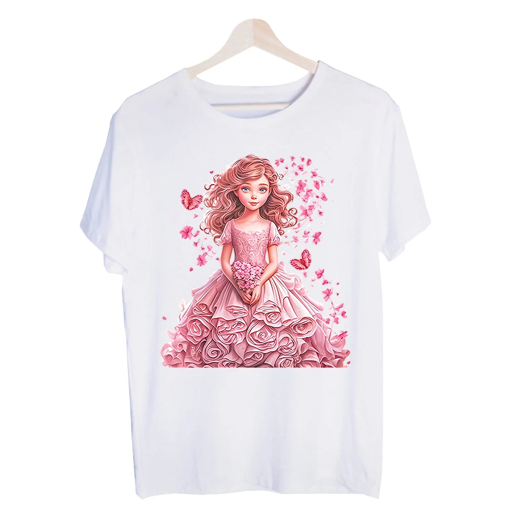 Girls' Princess with Butterflies and Flowers Graphic Tee, Short Sleeve Casual T-Shirt for Daily Wear and Summer Outfits