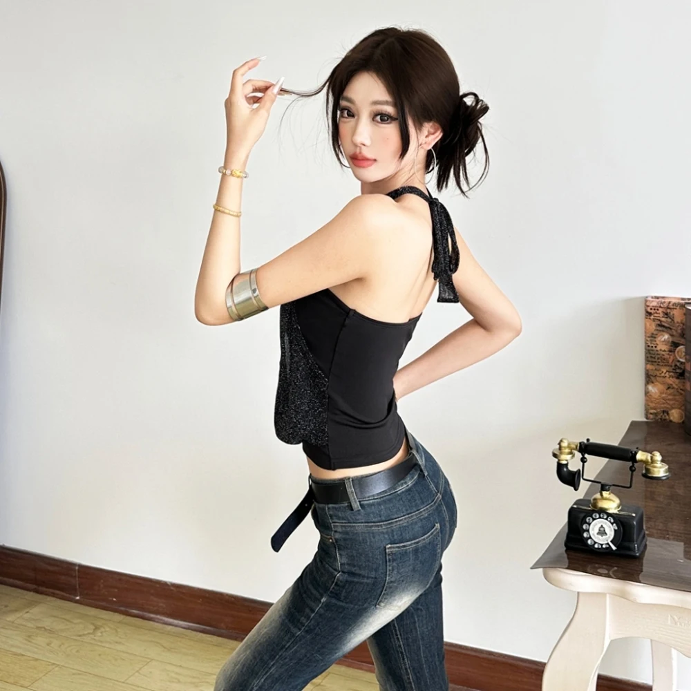 เสื้อกล้ามซิลคิว ผ้าตาข่ายปะติดปะต่อ แบบผูกคอ เปิดไหล่ โชว์หลัง โชว์เอว สไตล์สาวฮอต แนวสตรีทสุดแซ่บ