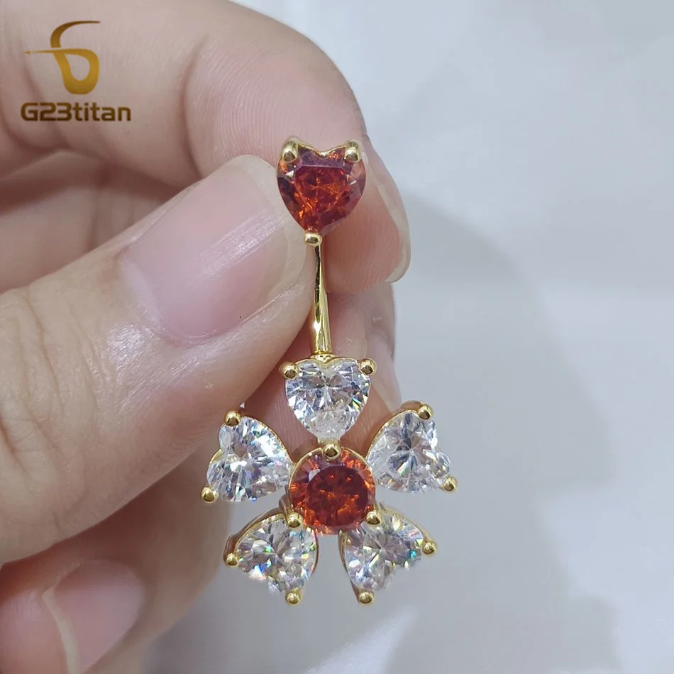 G23titan Red Zircon Flower Belly Button Ring 14G Surgical Titanium or Steel Barbell Bar Piercing Women Accessories Navel Jewelry