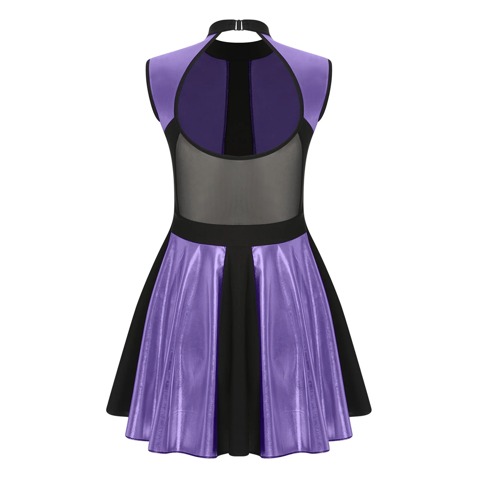 Womens Hollow Out Flared Pleated Hem Dress Metallic Shiny Ballet Modern Dance Dress Halloween Cosplay Cheerleading Costume