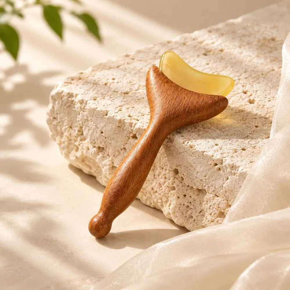 Wooden Handle Facial Massage Tool Ergonomic Grip Self Care Gift Gua Sha Board Smooth Rounded Edges Portable Storage Pouch