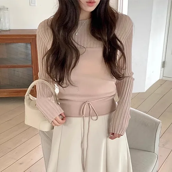 

Chic Autumn Gentle Knitted Long Sve Sweater with Belt Drape Vest Set Soft Texture Bright Tead Detail Women's Faion