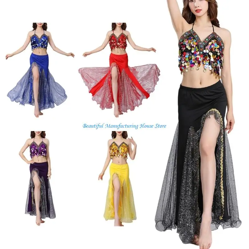 E56A Verfijnd Zwart Buikdans Ensemble Gloeiende Versieringen Franje Ontwerp Rekbaar Mesh Stadiumkleding