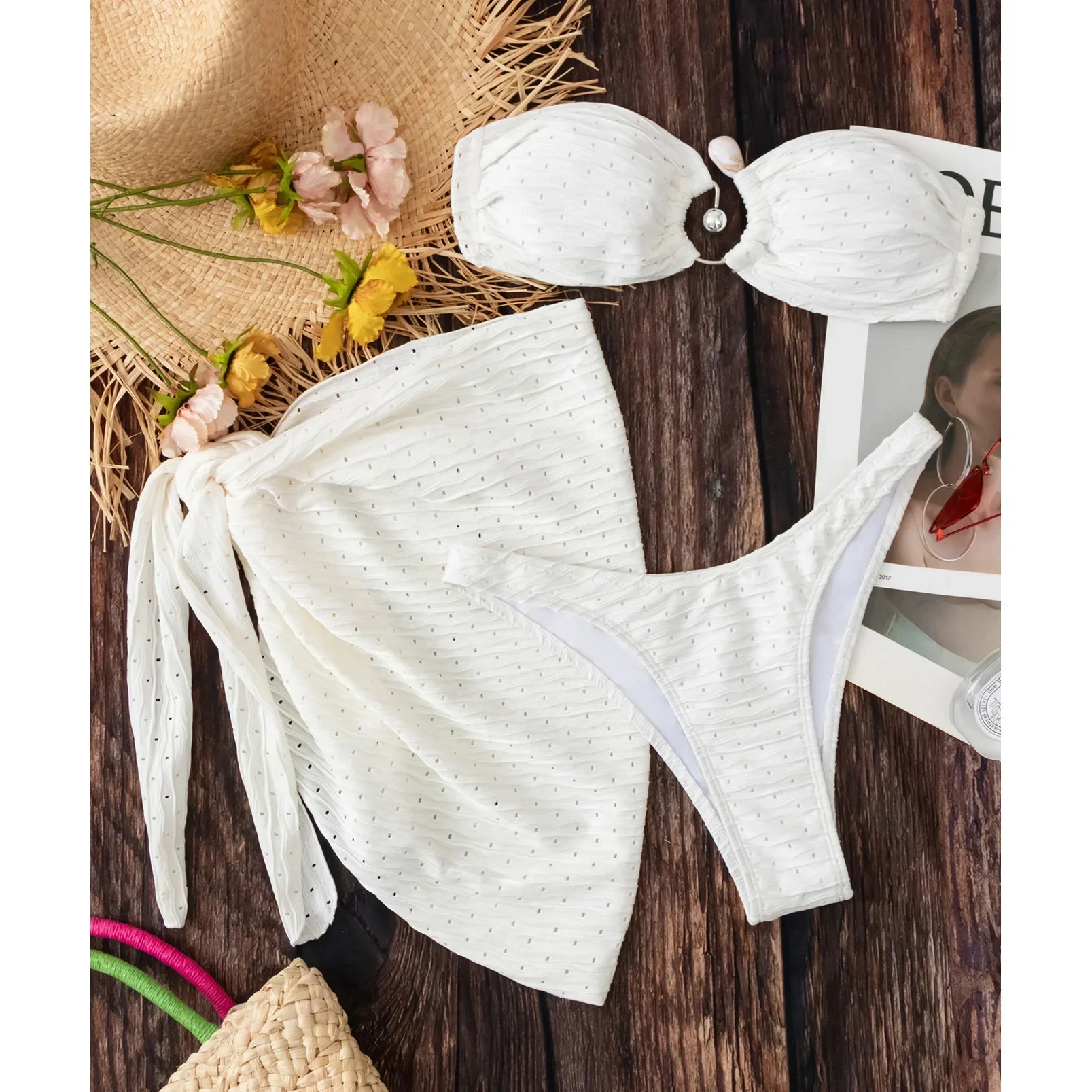 Conjunto de Bikini de tres piezas con falda para mujer, traje de baño Sexy, traje de baño unicolor con realce, ropa de playa 2024