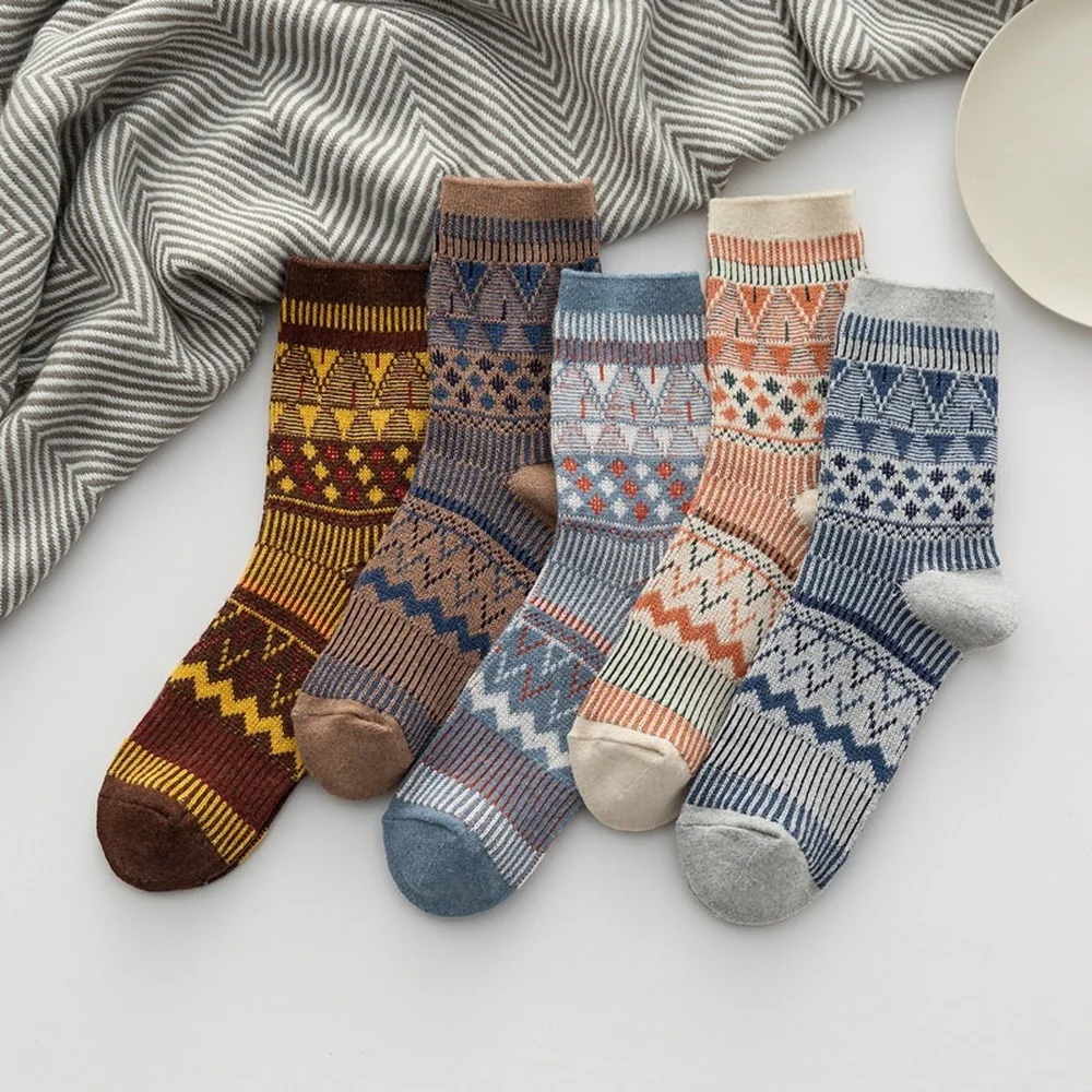 5 Pairs Autumn and Winter Geometric Double Needle Triangle Men Wool Socks Thickened Warm Ethnic Style Men Casual Socks